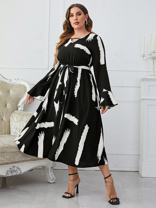 Melo Apparel Plus Size Printed Tie Belt Flare Sleeve Round Neck Midi Dress  Dresses- Doll Fits