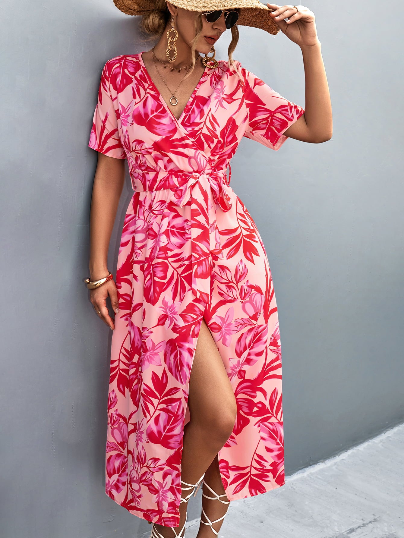 Floral Print High Slit Surplice Neck Tie Waist Midi Dress  Dresses- Doll Fits