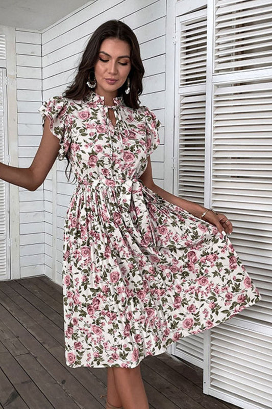 Floral Tie-Neck Flutter Sleeve Midi Dress  Dresses- Doll Fits