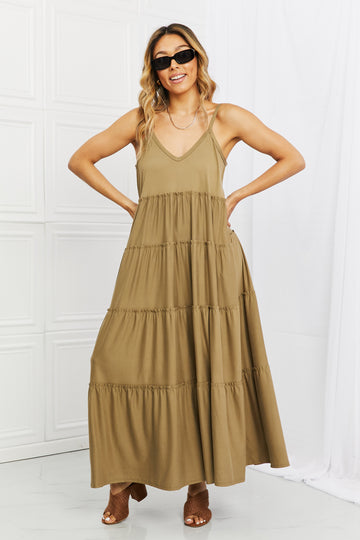Zenana Full Size Spaghetti Strap Tiered Dress with Pockets in Khaki  Dresses- Doll Fits