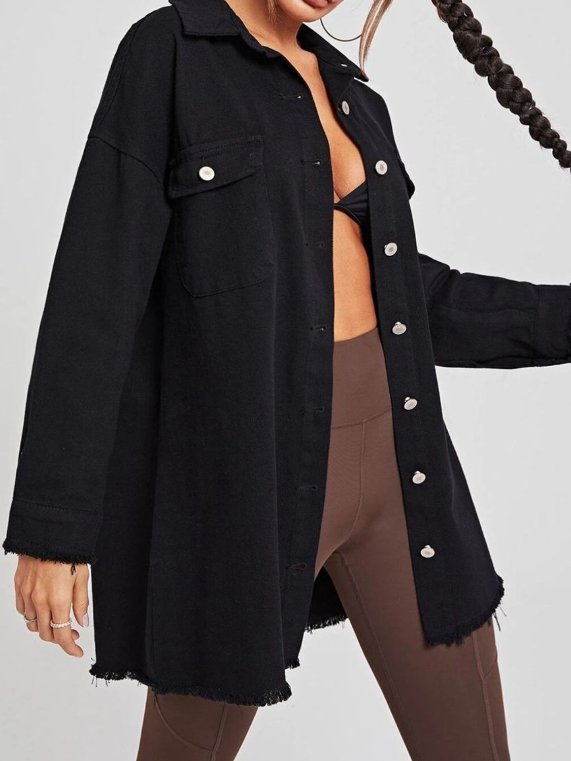 Collared Neck Button-Up Dropped Shoulder Denim Jacket  - Doll Fits