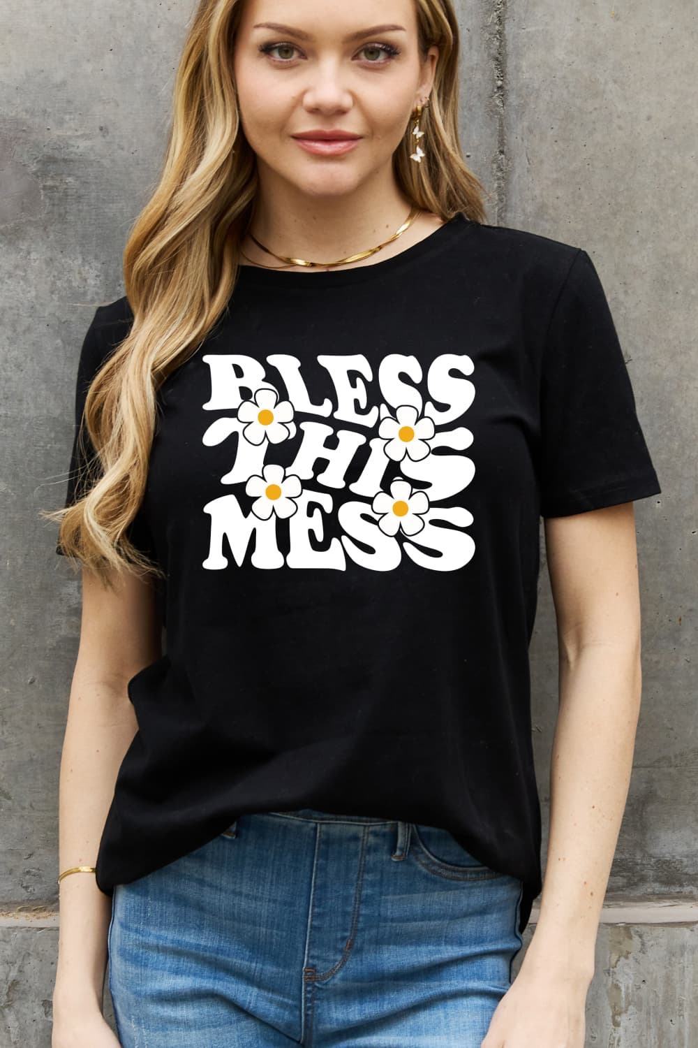 Simply Love Full Size BLESS THIS MESS Graphic Cotton Tee  - Doll Fits