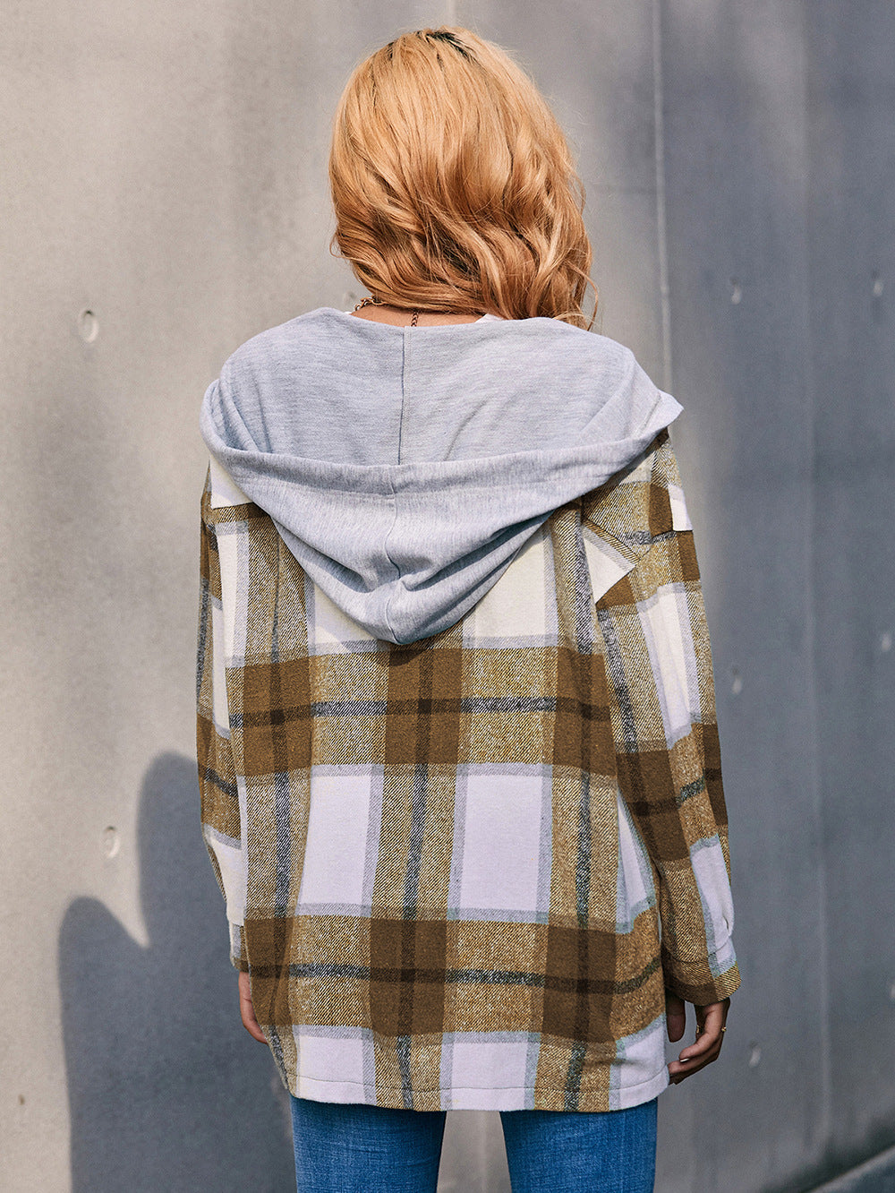 Plaid Dropped Shoulder Hooded Jacket  - Doll Fits
