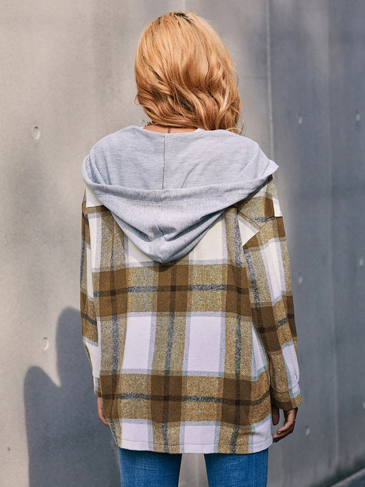 Plaid Dropped Shoulder Hooded Jacket  - Doll Fits