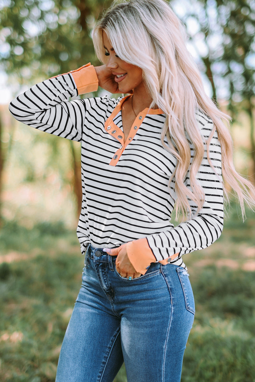 Striped Contrast Trim Quarter Snap T-Shirt  Shirts & Tops- Doll Fits
