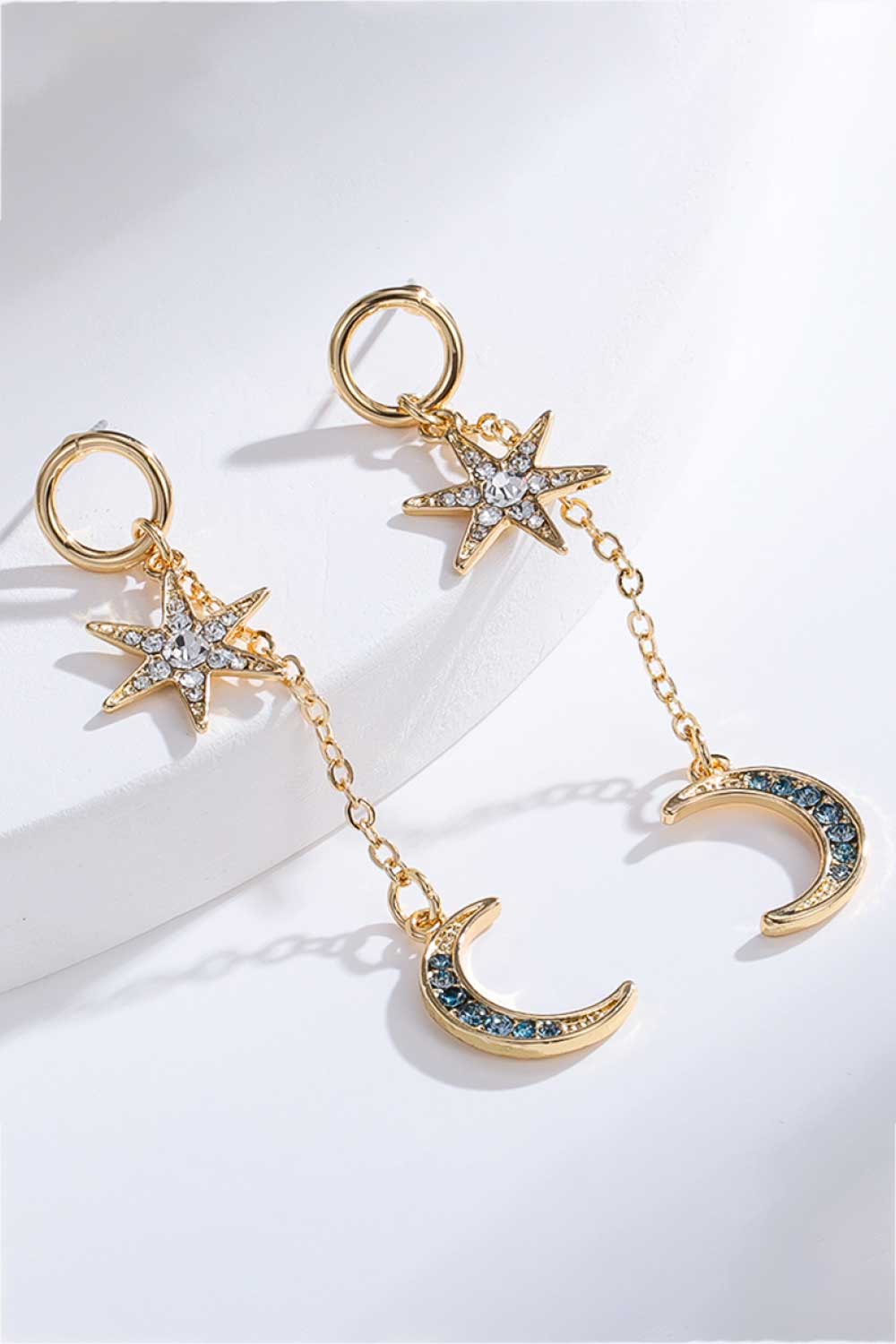 Inlaid Rhinestone Star and Moon Drop Earrings  Earrings- Doll Fits