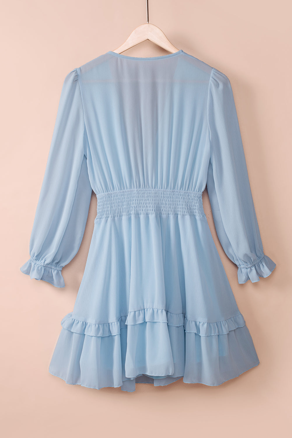 Tied Plunge Smocked Waist Flounce Sleeve Dress  Dresses- Doll Fits