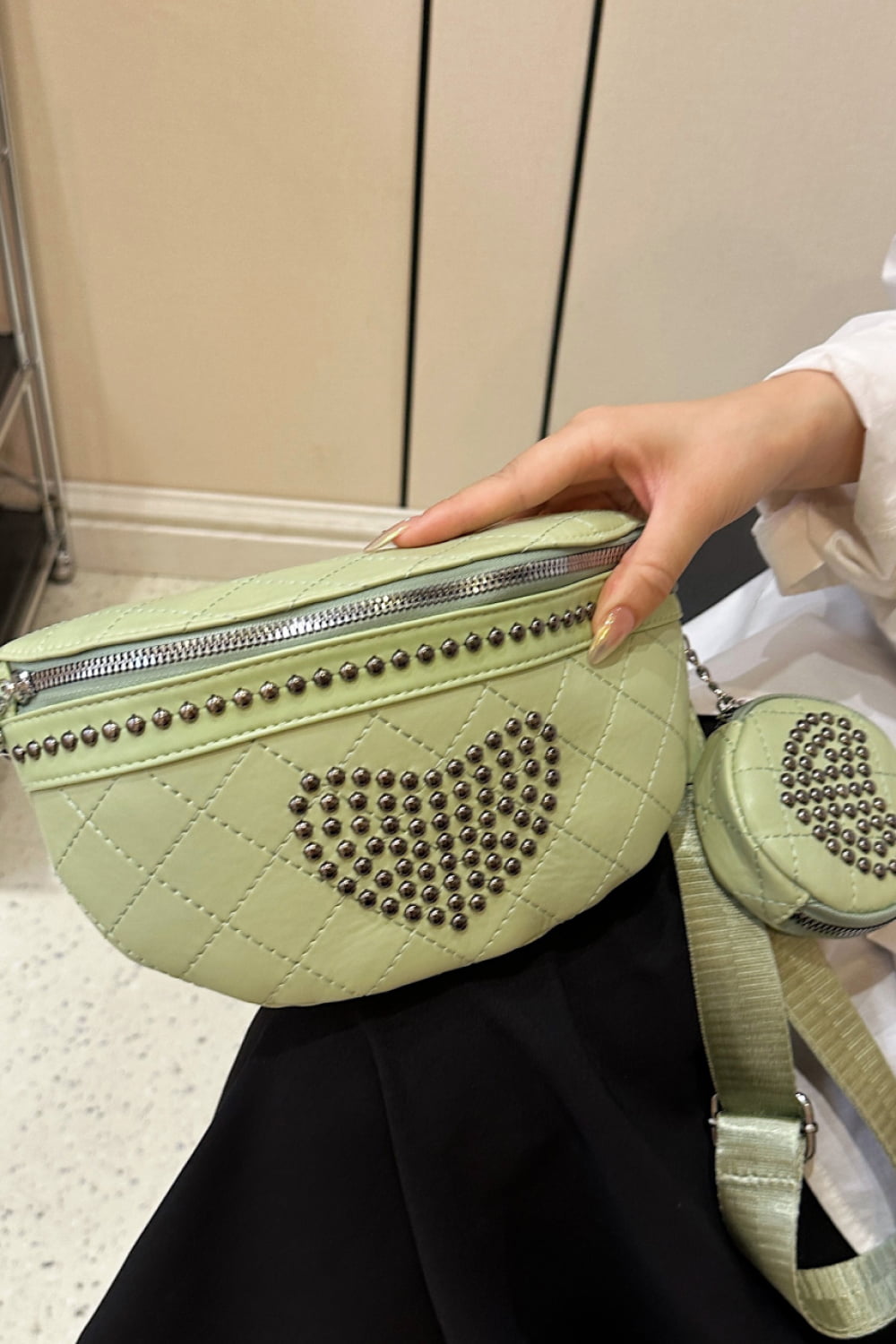 Studded PU Leather Sling Bag with Small Purse  - Doll Fits