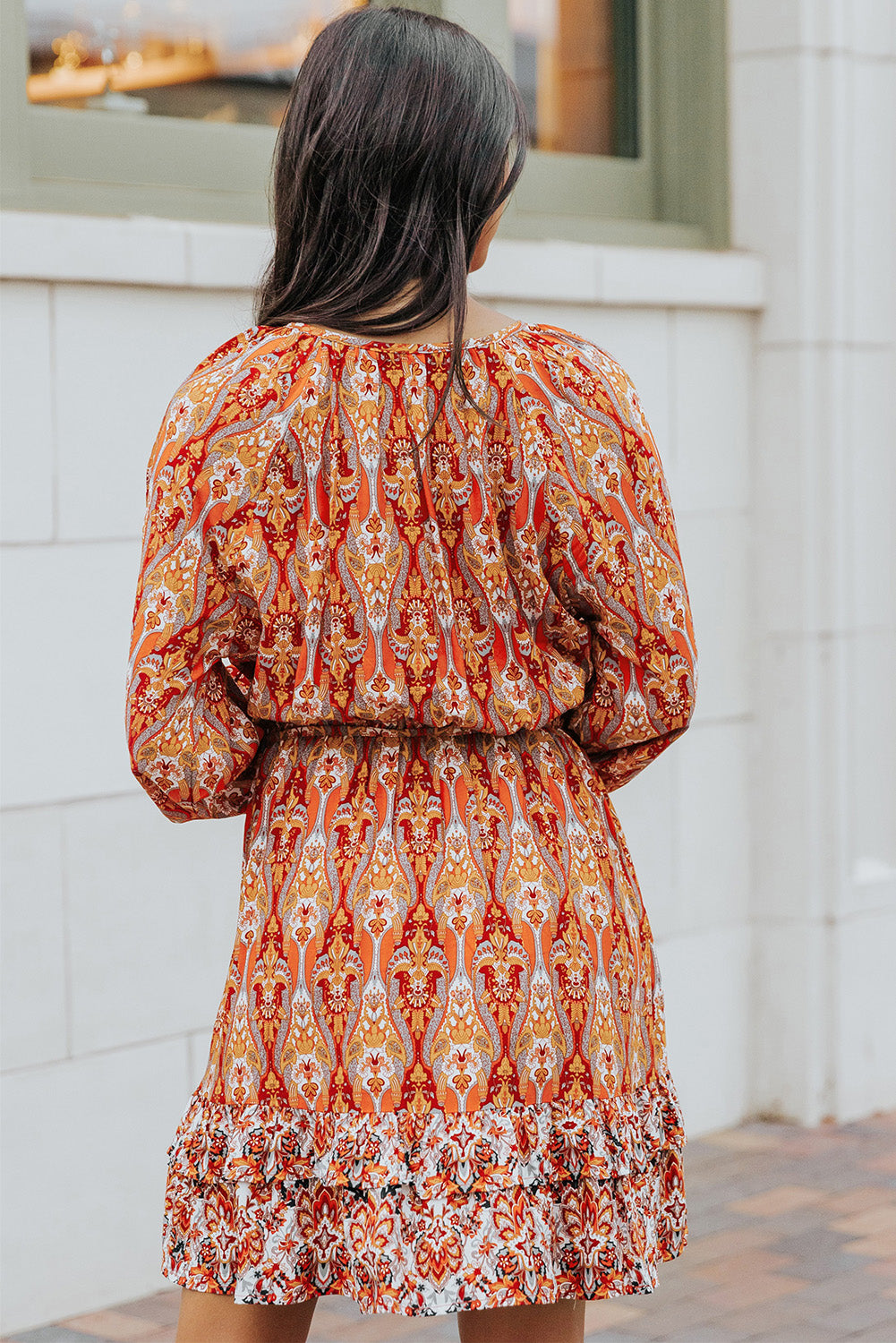 Printed Balloon Sleeve Tassel Tie Dress  Dresses- Doll Fits