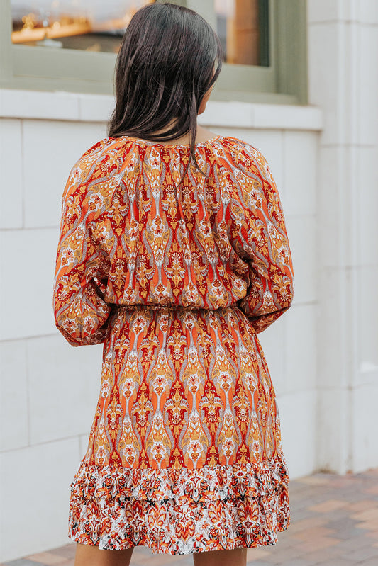Printed Balloon Sleeve Tassel Tie Dress  Dresses- Doll Fits