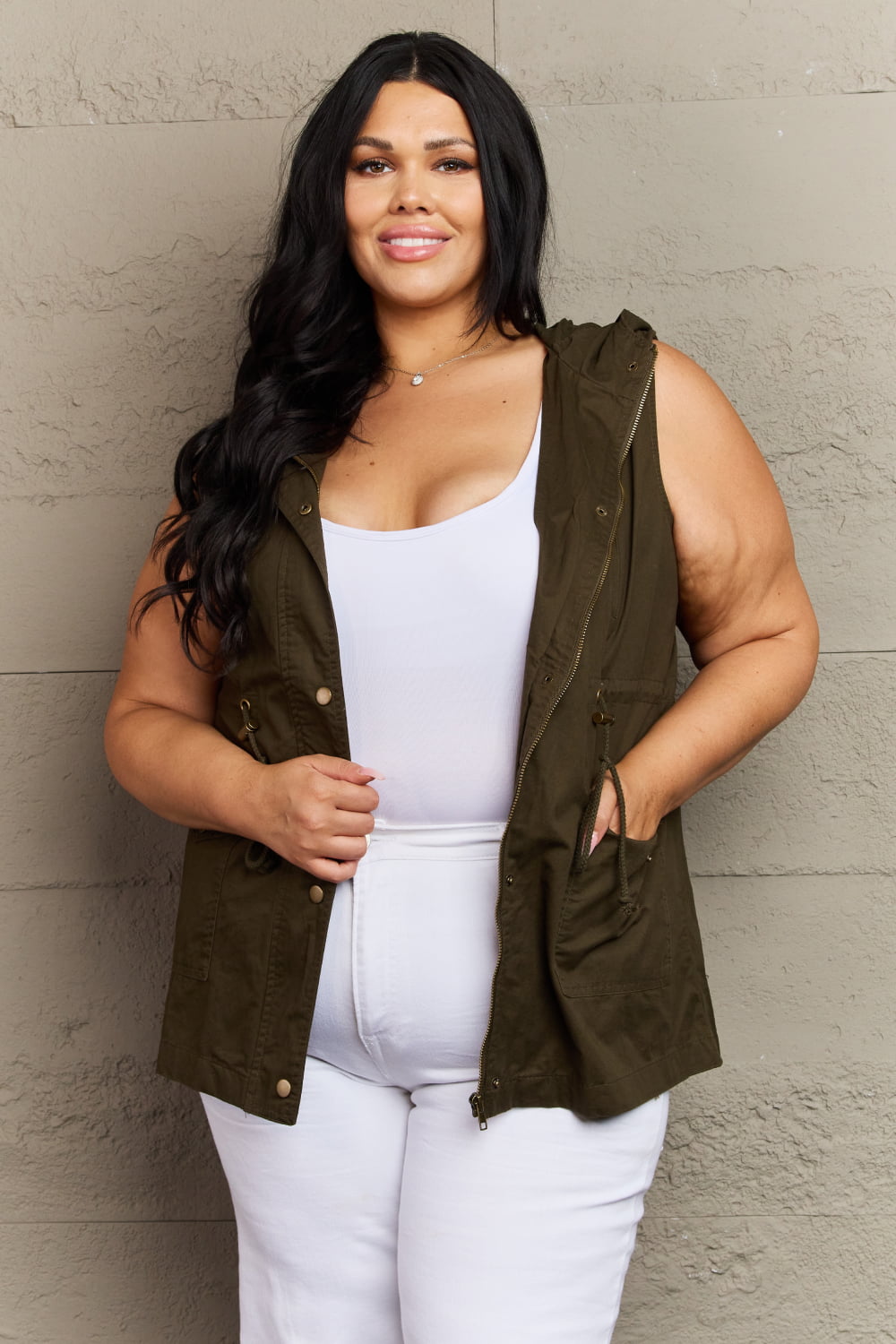 Zenana More To Come Full Size Military Hooded Vest  - Doll Fits