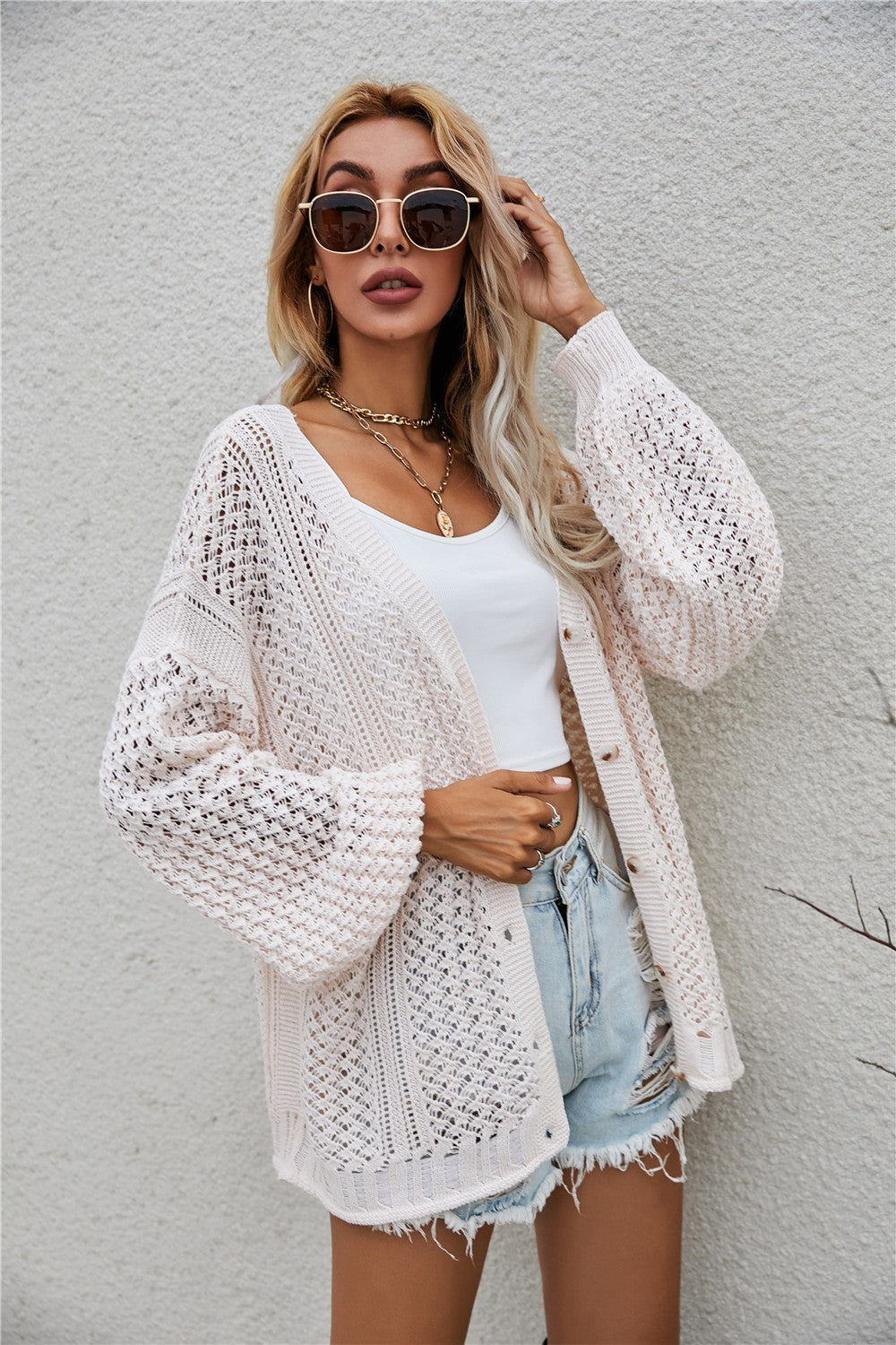 Openwork V-Neck Dropped Shoulder Cardigan  Coats & Jackets- Doll Fits