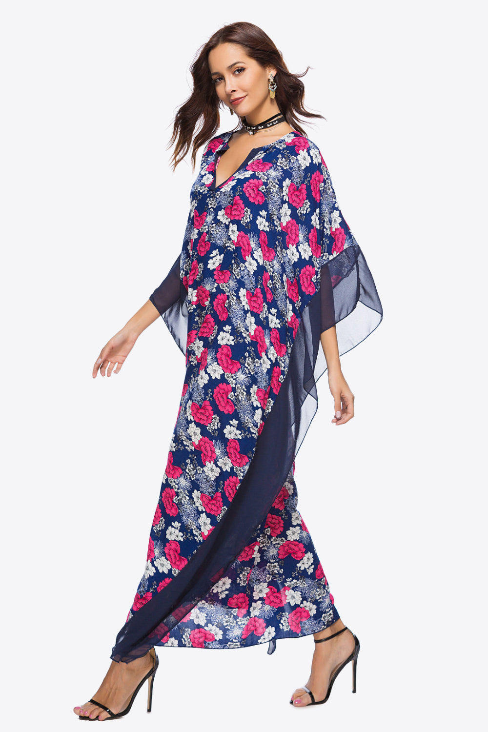 Floral Notched Neck Dolman Sleeve Maxi Dress  Dresses- Doll Fits