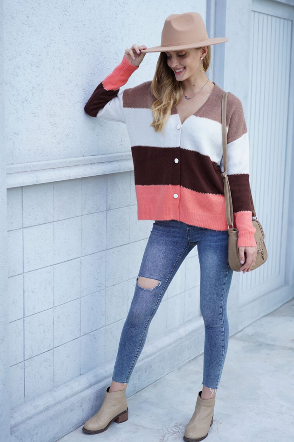Color Block V-Neck Button Down Cardigan  Coats & Jackets- Doll Fits
