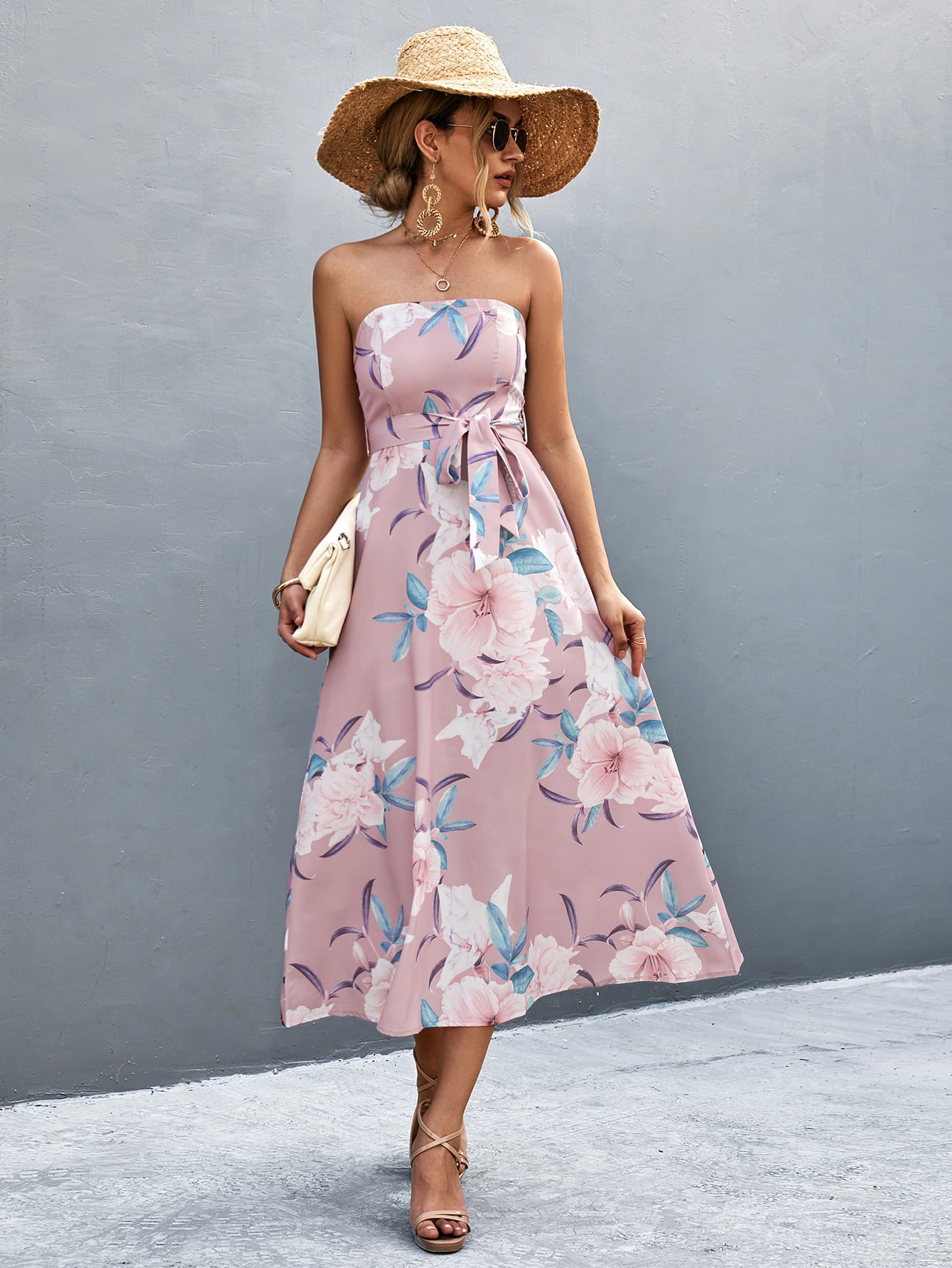 Floral Print Tie Waist Straight Neck Midi Dress  Dresses- Doll Fits