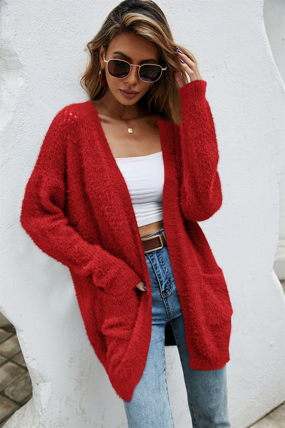 Open Front Openwork Fuzzy Cardigan with Pockets  Coats & Jackets- Doll Fits