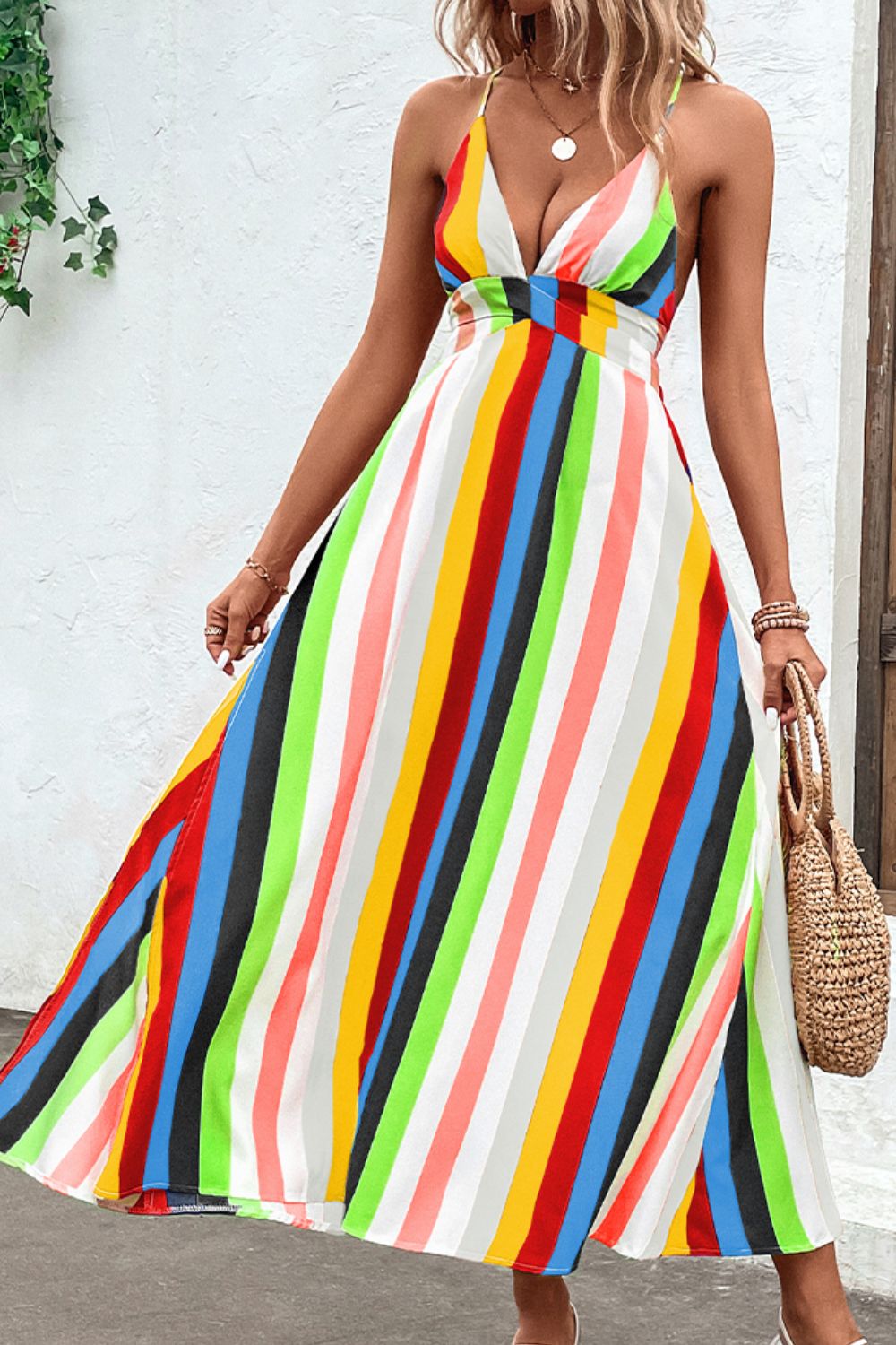 Multicolored Stripe Crisscross Backless Dress  Dresses- Doll Fits
