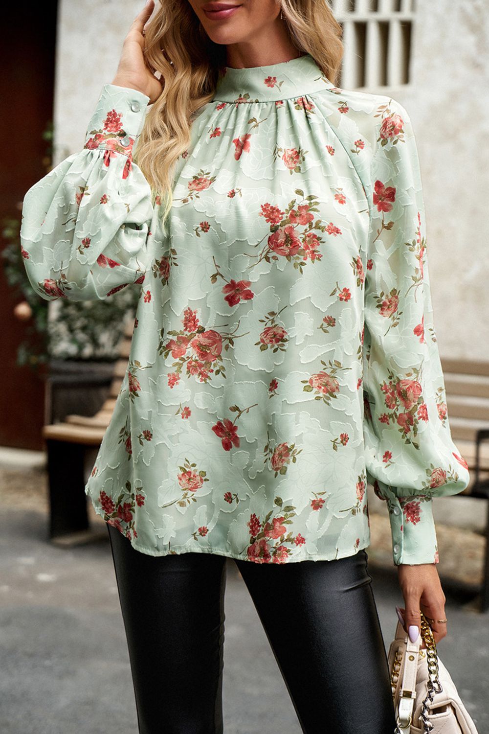 Floral Print Mock Neck Lantern Sleeve Blouse  - Doll Fits