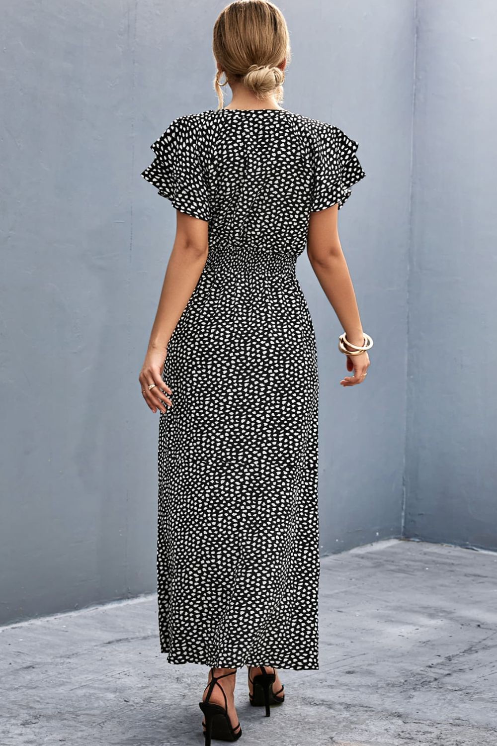 Printed Tie-Neck Flutter Sleeve Split Dress  Dresses- Doll Fits