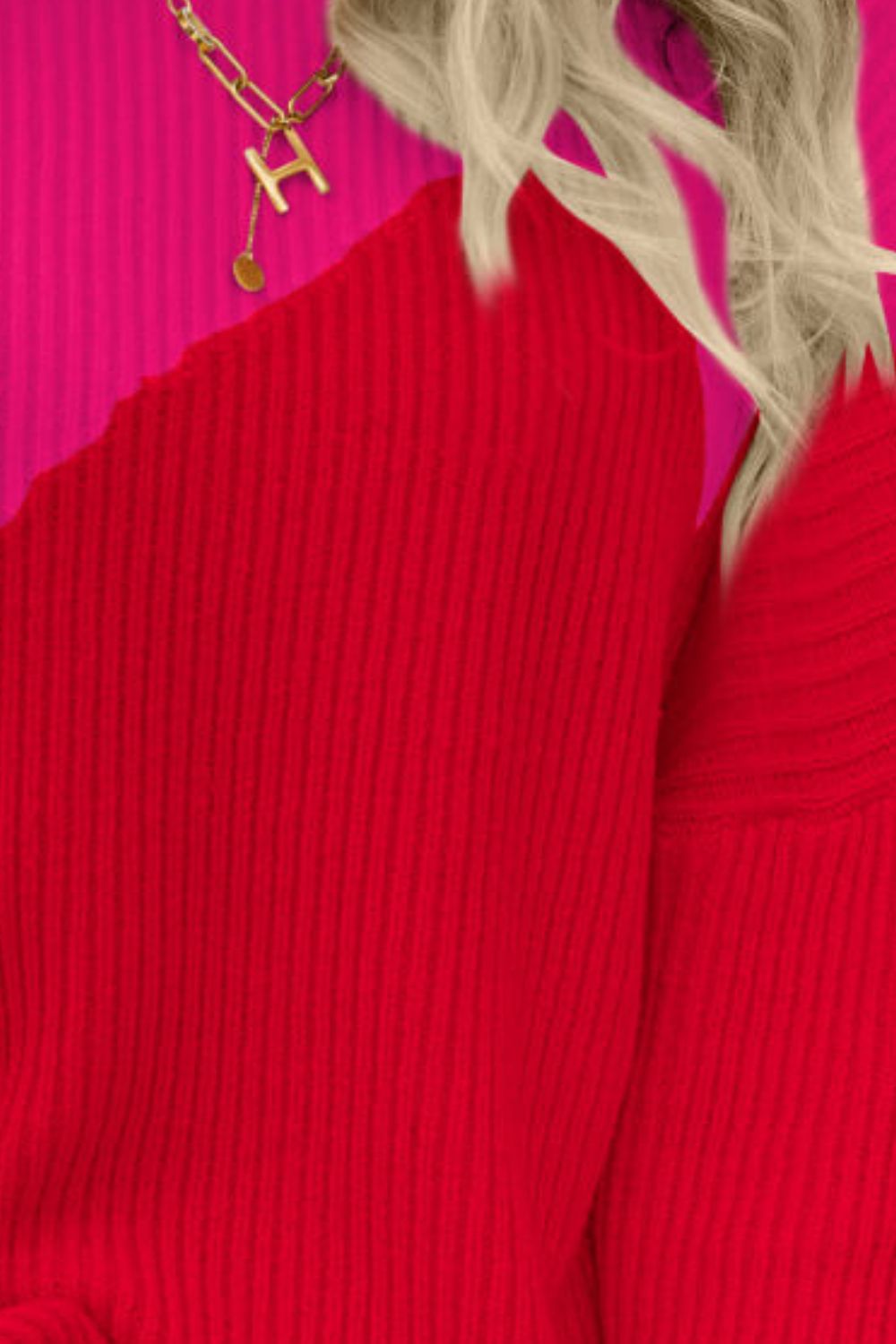Two-Tone Round Neck Ribbed Sweater  Shirts & Tops- Doll Fits