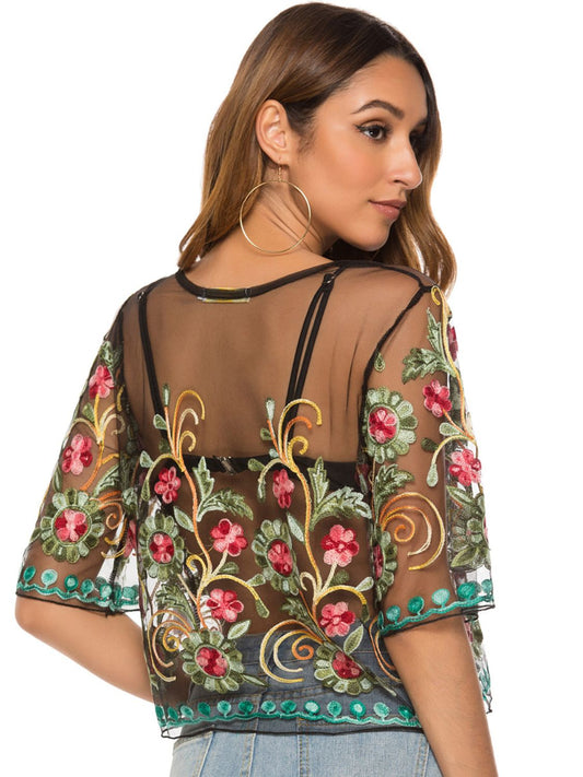 Embroidered Round Neck Sheer Blouse  Shirts & Tops- Doll Fits