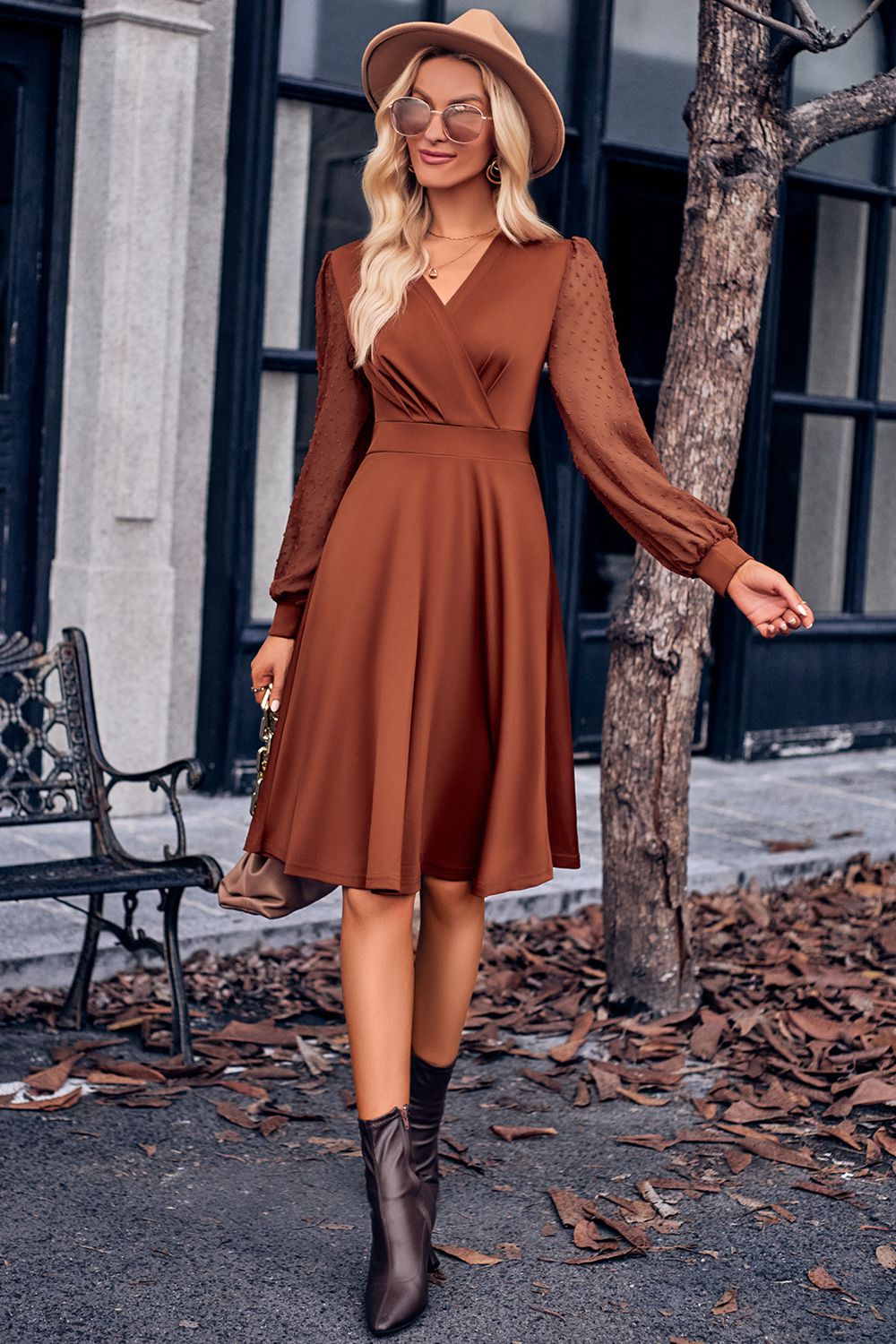 Surplice Neck Swiss Dot Long Sleeve Dress  Dresses- Doll Fits