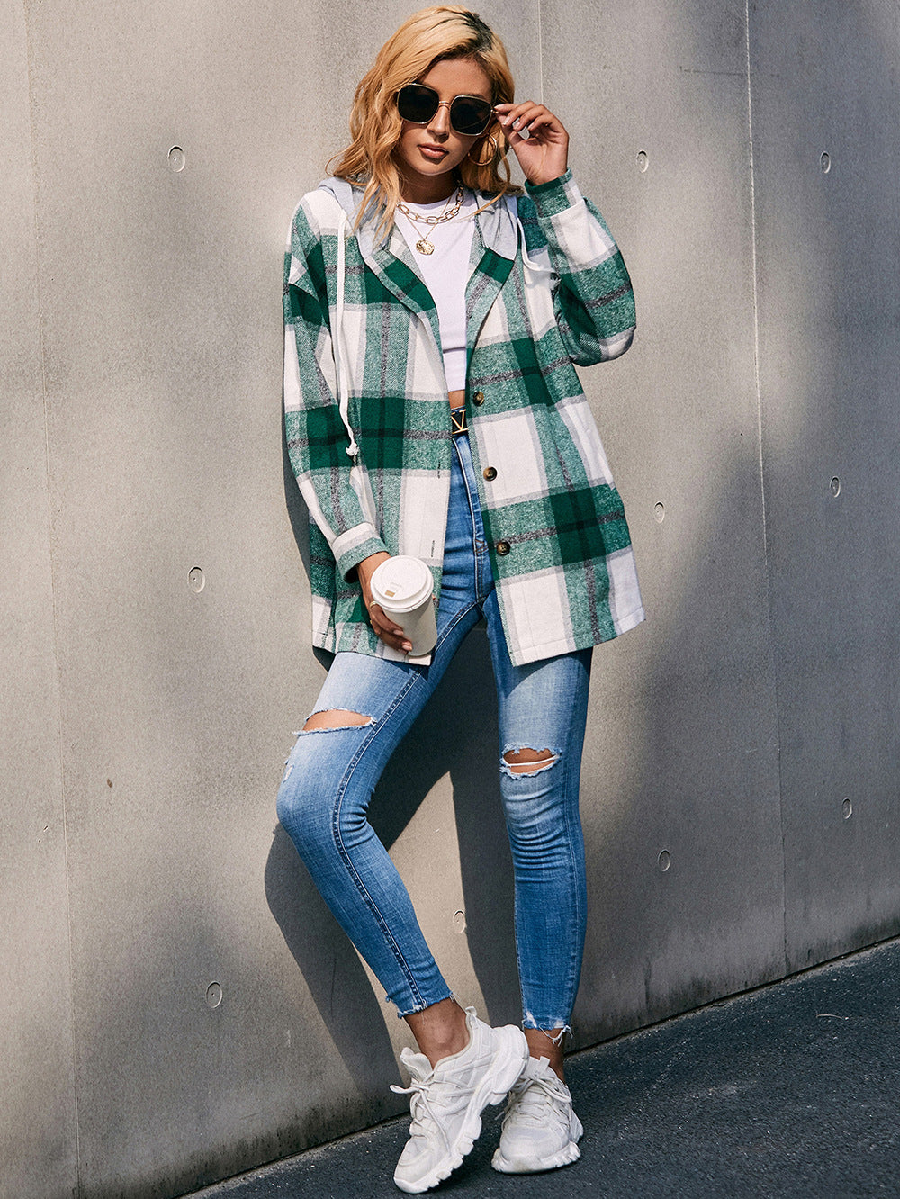 Plaid Dropped Shoulder Hooded Jacket  - Doll Fits