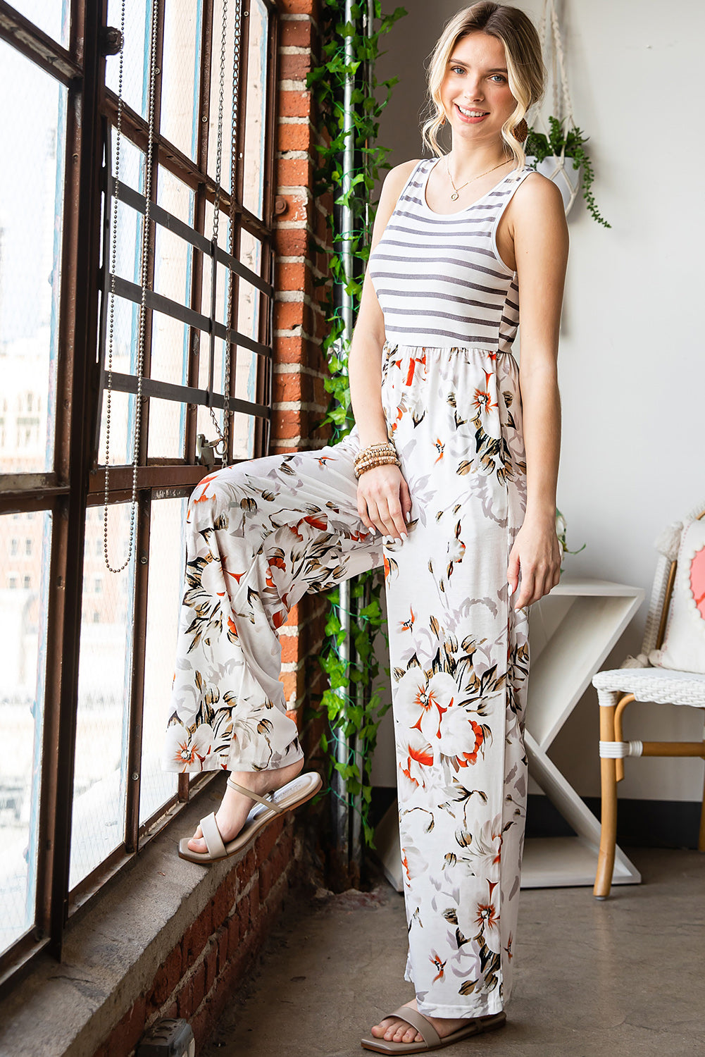 Striped Floral Sleeveless Wide Leg Jumpsuit with Pockets  Jumpsuits & Rompers- Doll Fits
