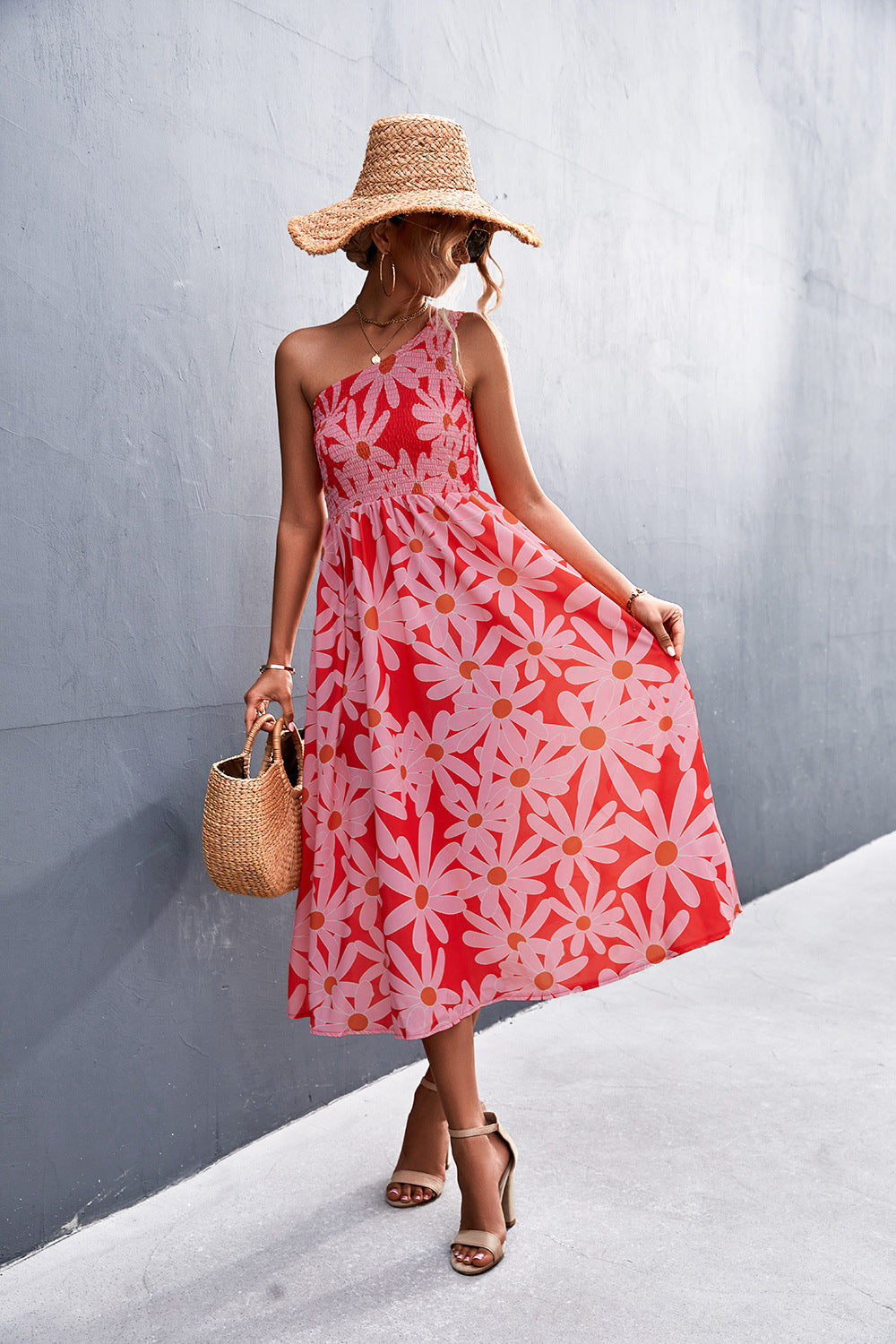 Floral Smocked One-Shoulder Midi Dress  Dresses- Doll Fits