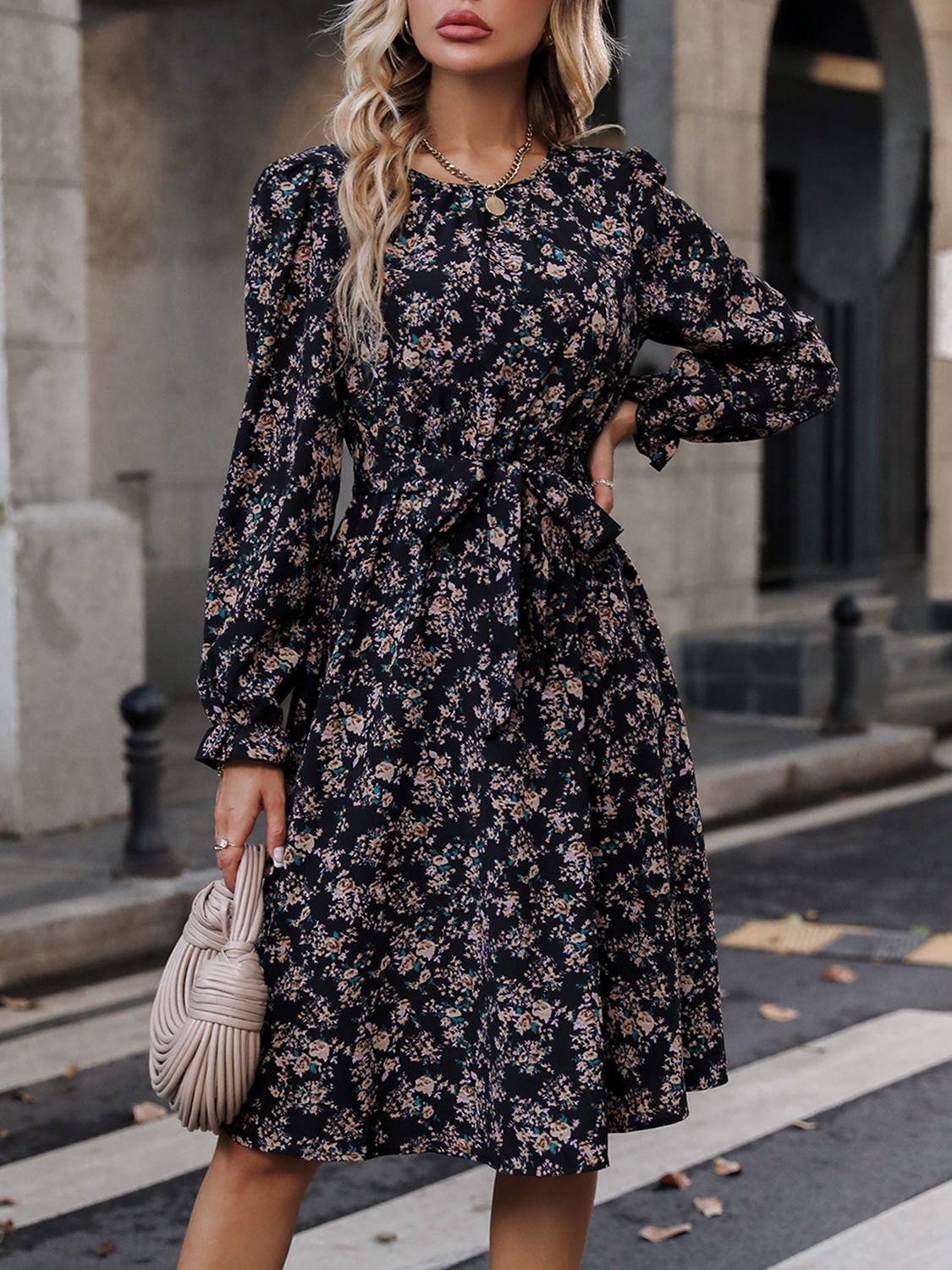 Printed Tie Belt Balloon Sleeve Dress  Dresses- Doll Fits