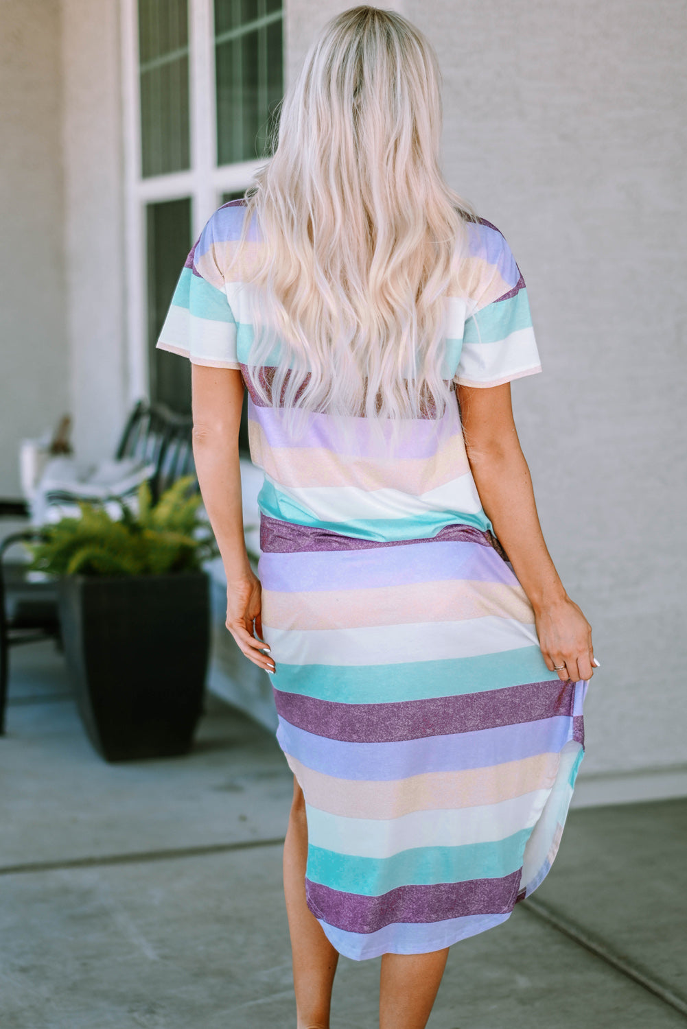 Striped V-Neck Curved Hem Midi Dress  Dresses- Doll Fits