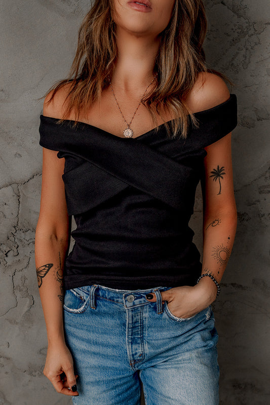 Off-Shoulder Ribbed Crisscross Top  Shirts & Tops- Doll Fits