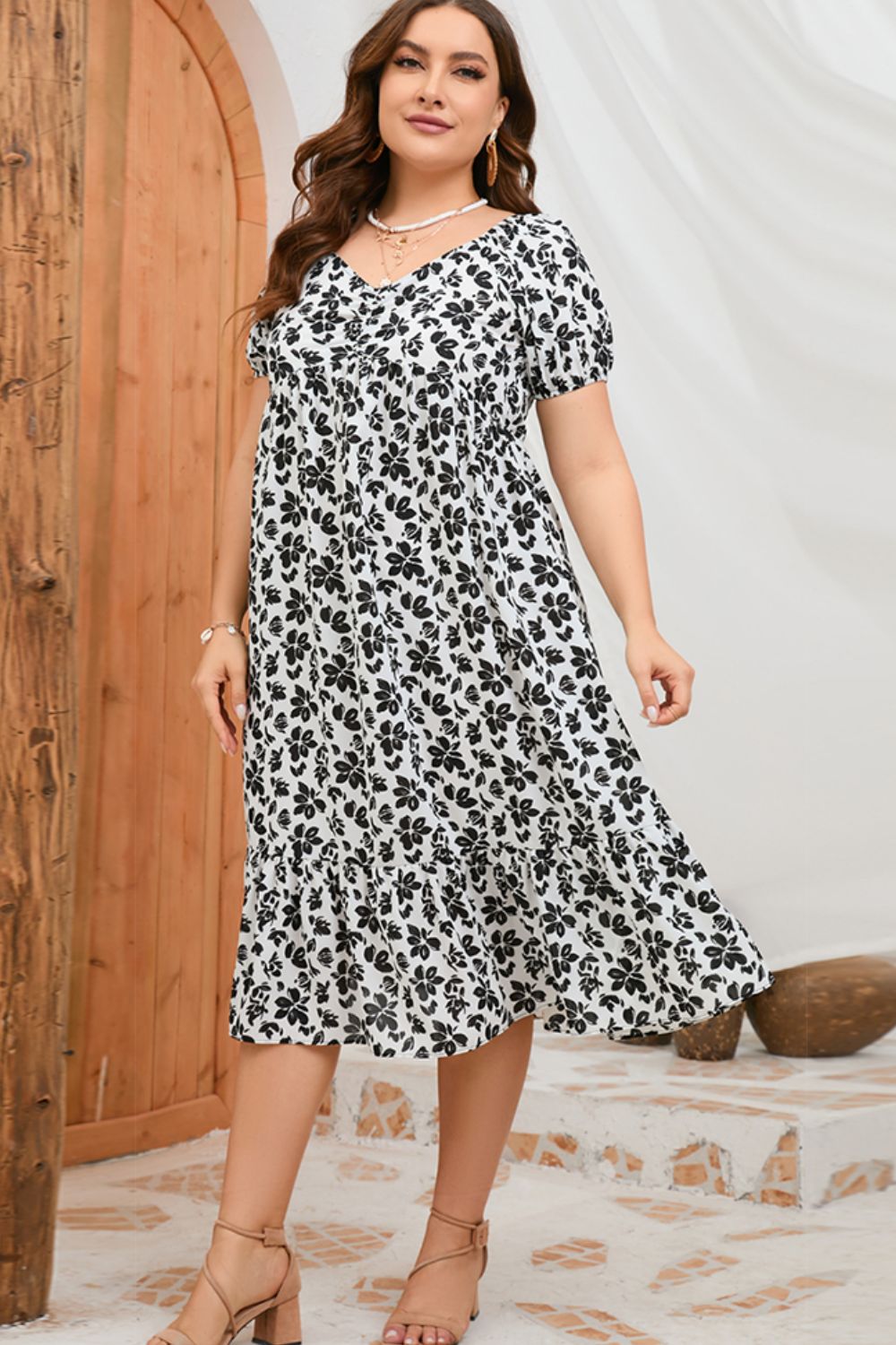 Plus Size Floral Short Sleeve Midi Dress  Dresses- Doll Fits