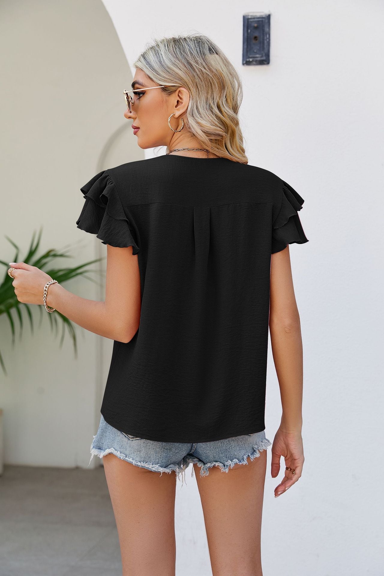 V-Neck Layered Flutter Sleeve Top  Shirts & Tops- Doll Fits