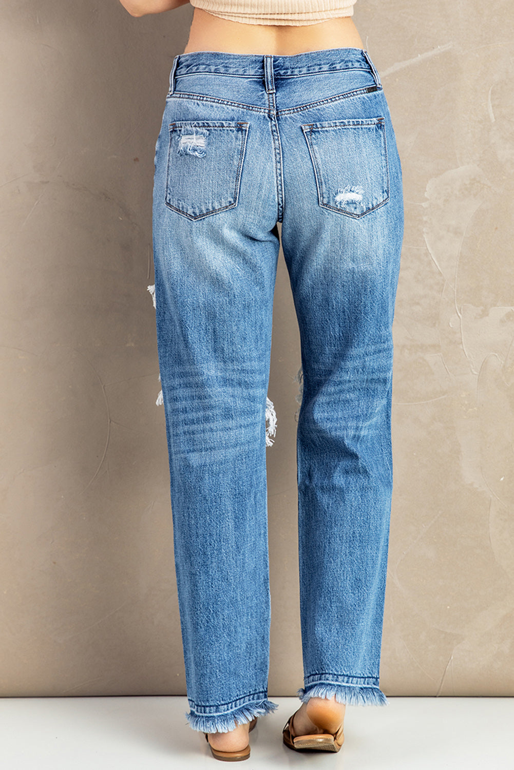 Frayed Hem Distressed Jeans with Pockets  Pants- Doll Fits