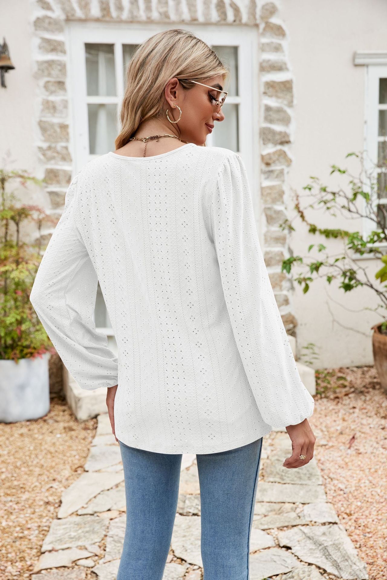 Eyelet Notched Neck Balloon Sleeve Blouse  Shirts & Tops- Doll Fits