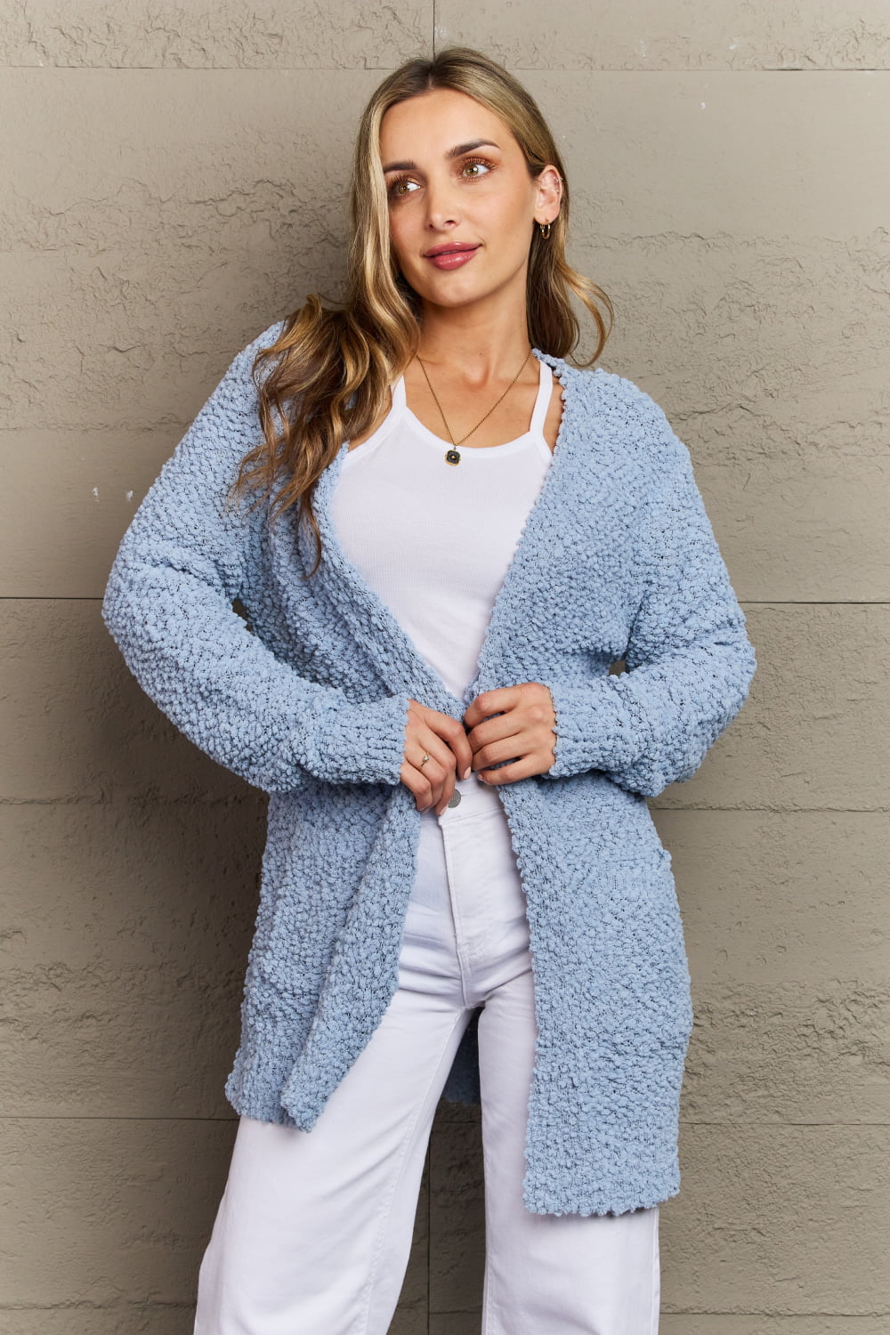 Zenana Falling For You Full Size Open Front Popcorn Cardigan  Coats & Jackets- Doll Fits