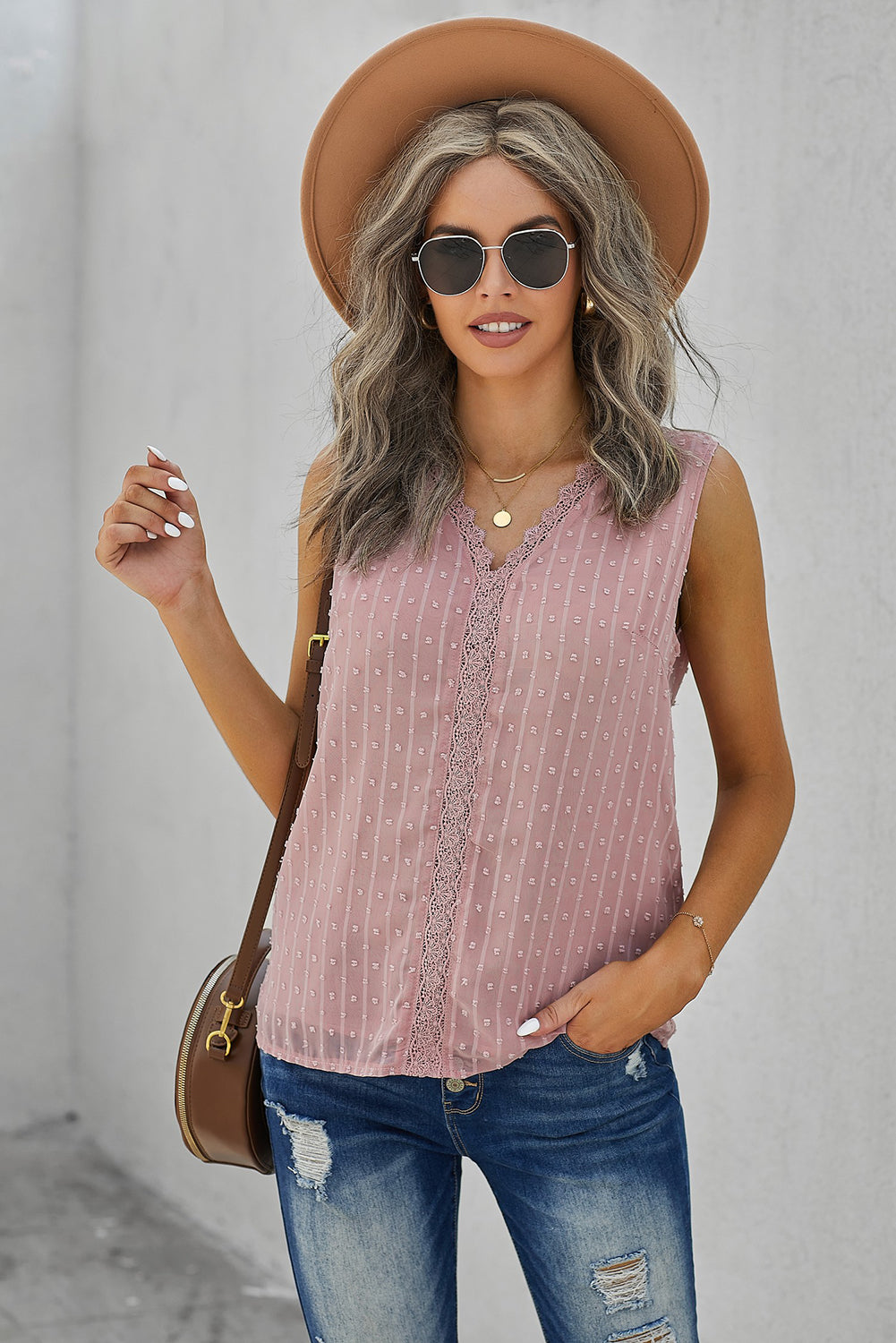 Swiss Dot Lace Detail Plunge Tank  Shirts & Tops- Doll Fits