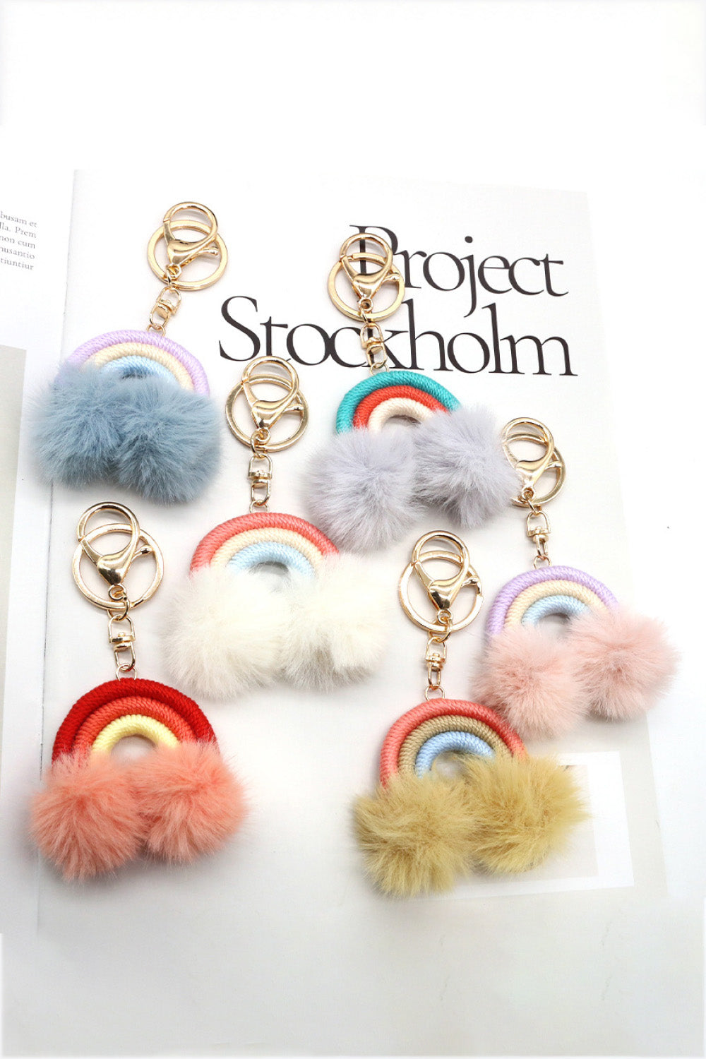 Assorted 4-Pack Rainbow Pom Pom Keychain  Keychains- Doll Fits