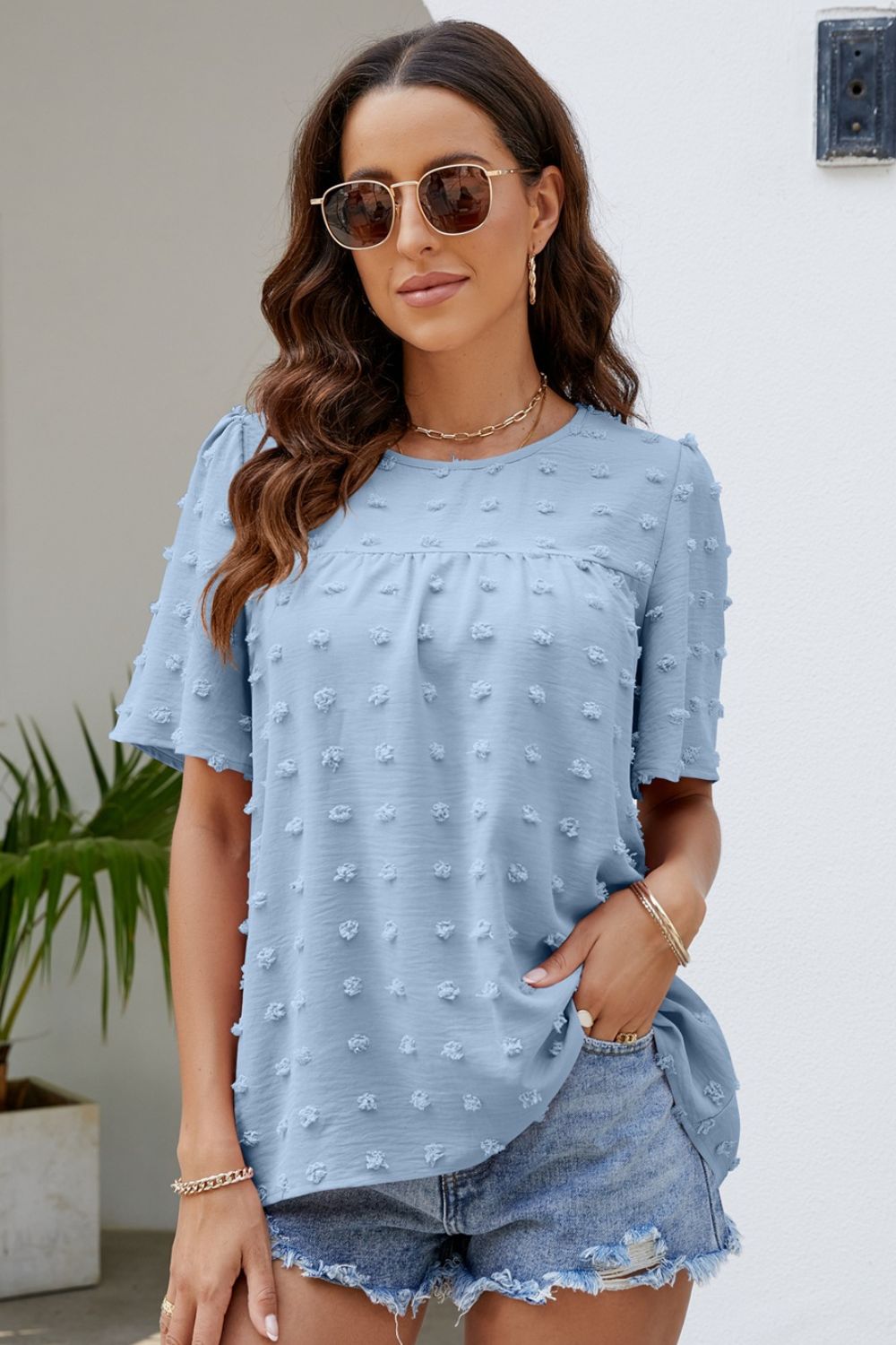 Swiss Dot Puff Sleeve Round Neck Blouse  Shirts & Tops- Doll Fits
