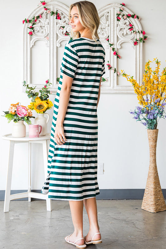 Striped V-Neck Short Sleeve Side Slit Dress  Dresses- Doll Fits
