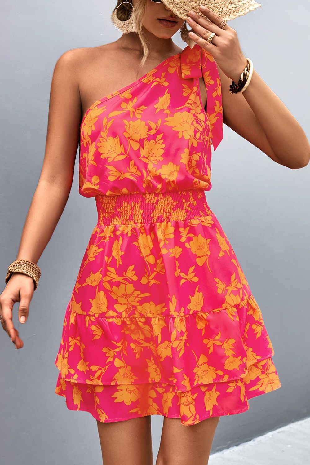Floral Smocked Waist Tied One-Shoulder Dress  Dresses- Doll Fits