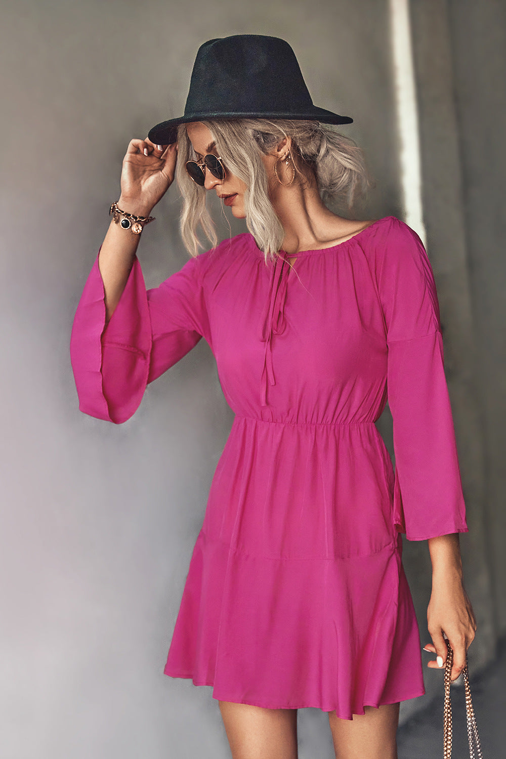 Tie Neck Flare Sleeve Mini Dress  Dresses- Doll Fits