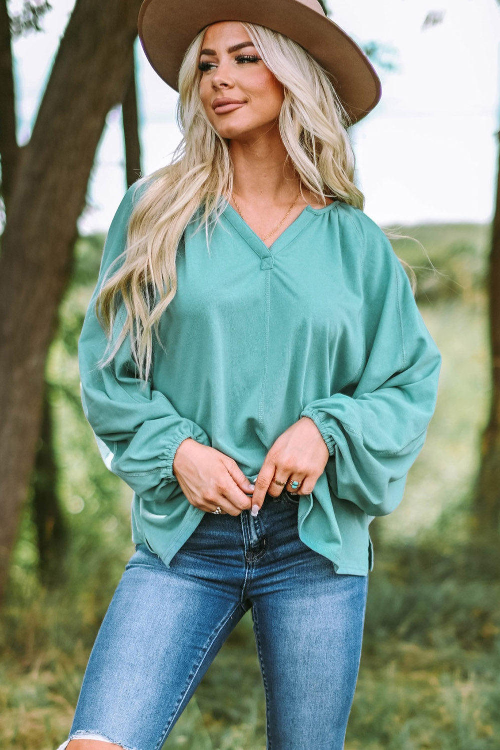 Notched Neck Balloon Sleeve Blouse  Shirts & Tops- Doll Fits