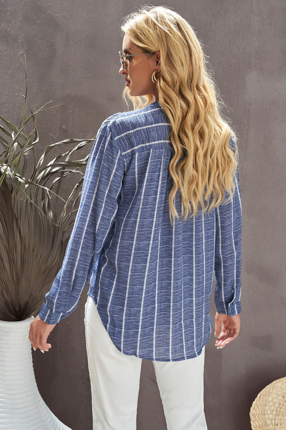 Striped V-Neck High-Low Shirt with Breast Pocket  Shirts & Tops- Doll Fits