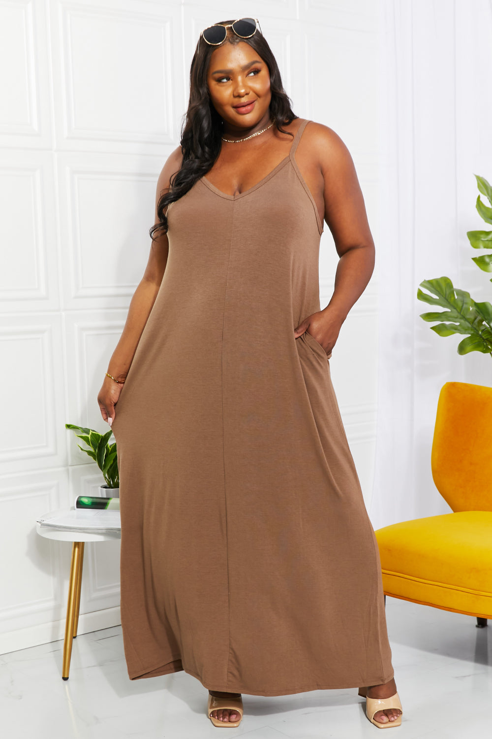 Zenana Full Size Beach Vibes Cami Maxi Dress in Mocha  Dresses- Doll Fits