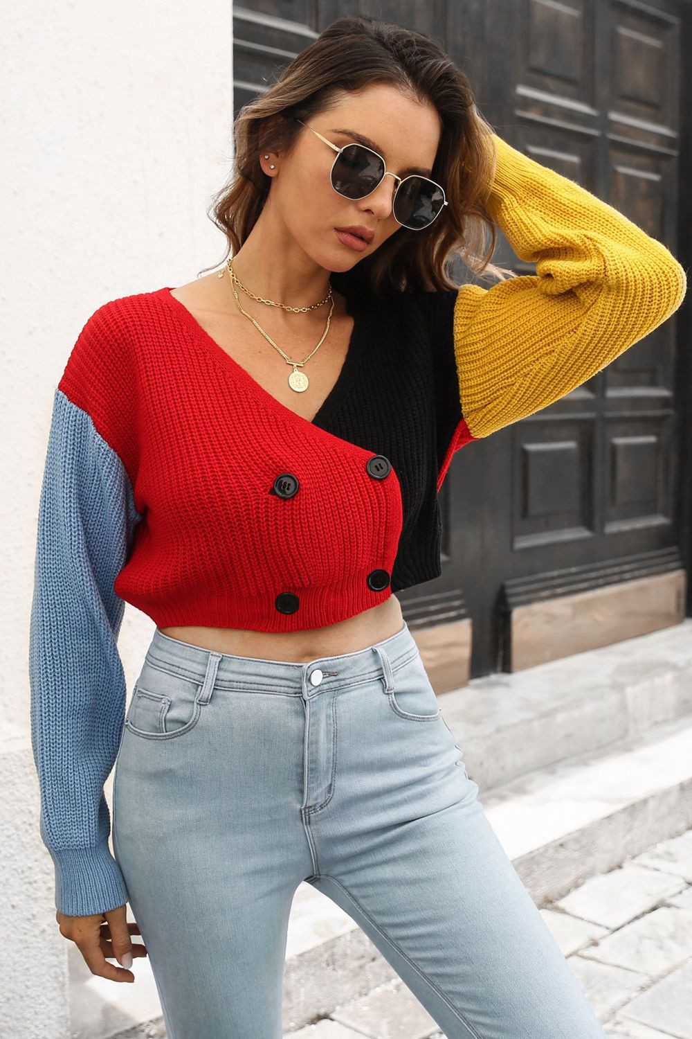 Cropped Contrast Color V- Neck Buttoned Cardigan  - Doll Fits