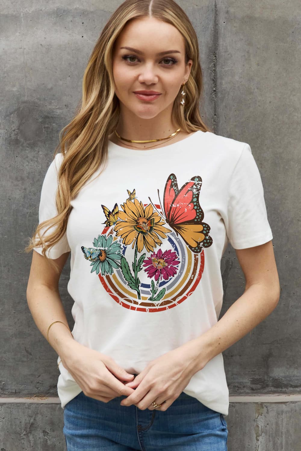 Simply Love Full Size Flower & Butterfly Graphic Cotton Tee  Shirts & Tops- Doll Fits