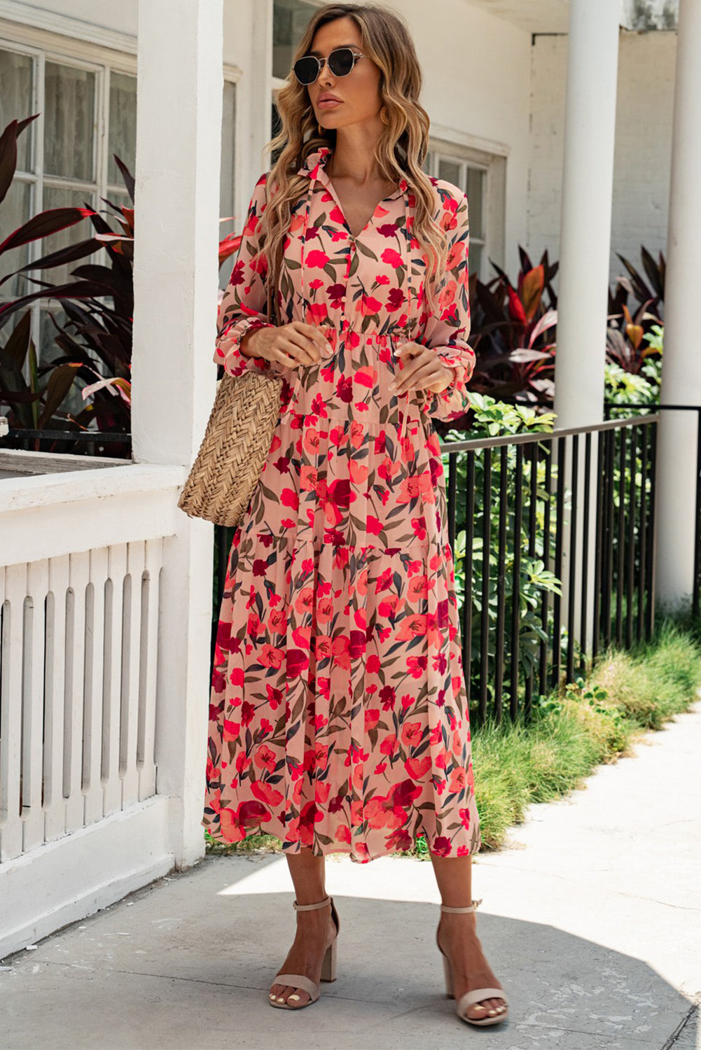 Floral Tie Neck Flounce Sleeve Tiered Dress  Dresses- Doll Fits