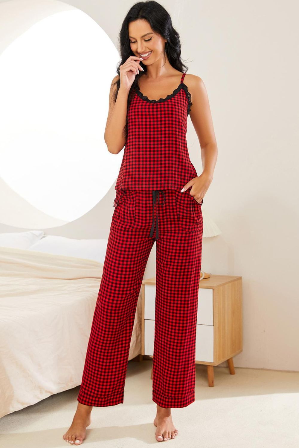 Plaid Lace Trim Cami and Drawstring Pants Pajama Set  Sleepwear & Loungewear- Doll Fits